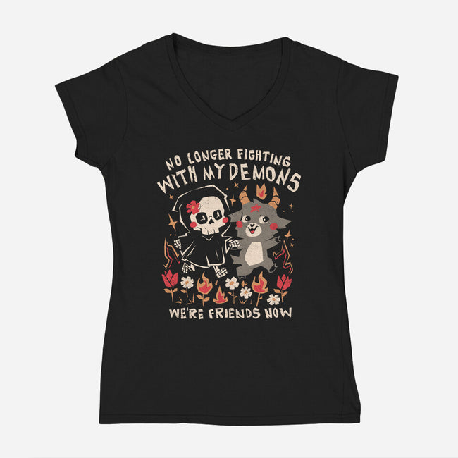 Friends With My Demons-Womens-V-Neck-Tee-eduely