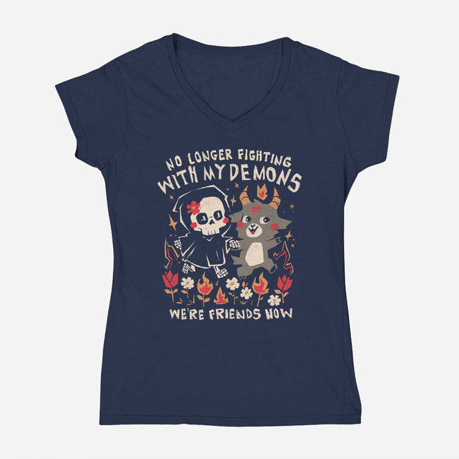 Friends With My Demons-Womens-V-Neck-Tee-eduely