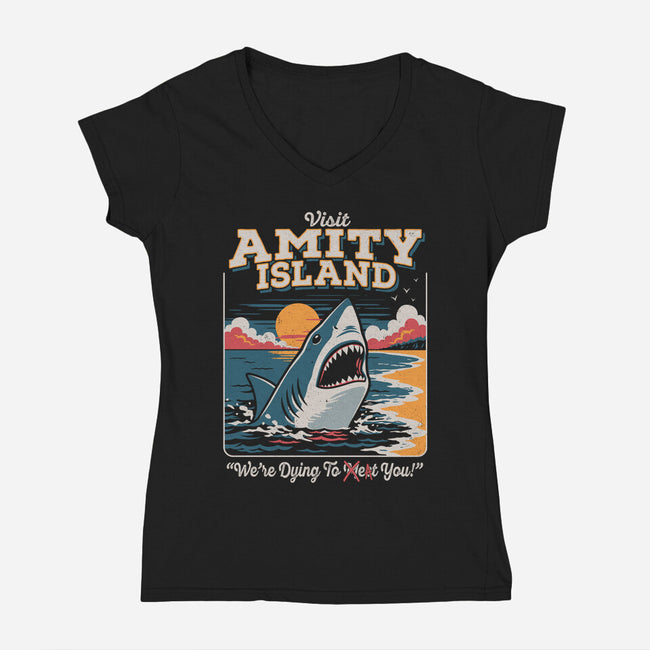 Visit Amity Island-Womens-V-Neck-Tee-Nemons