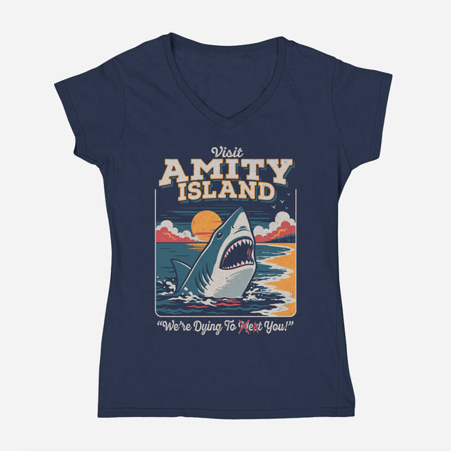 Visit Amity Island-Womens-V-Neck-Tee-Nemons