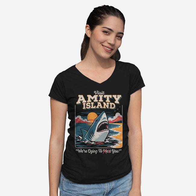Visit Amity Island-Womens-V-Neck-Tee-Nemons