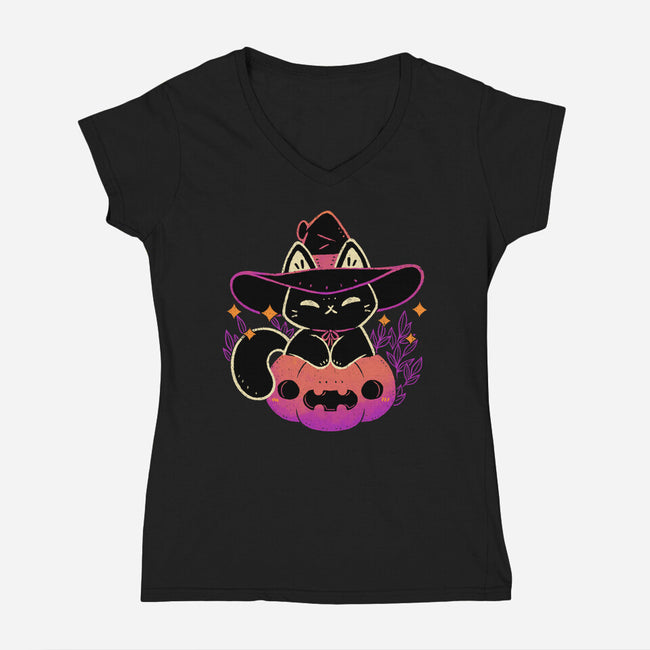 Cute Halloween Cat On Pumpkin-Womens-V-Neck-Tee-xMorfina