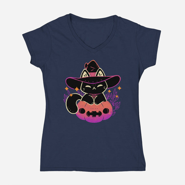 Cute Halloween Cat On Pumpkin-Womens-V-Neck-Tee-xMorfina