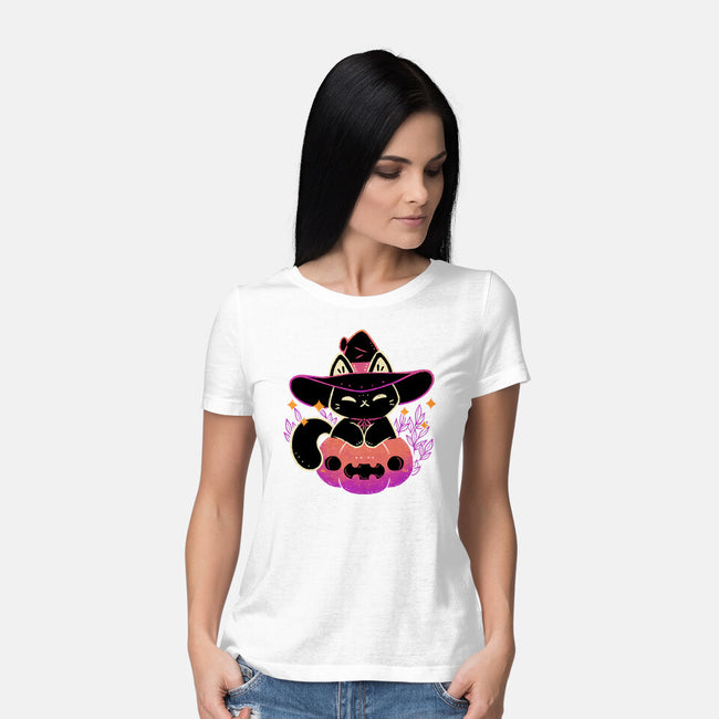 Cute Halloween Cat On Pumpkin-Womens-Basic-Tee-xMorfina