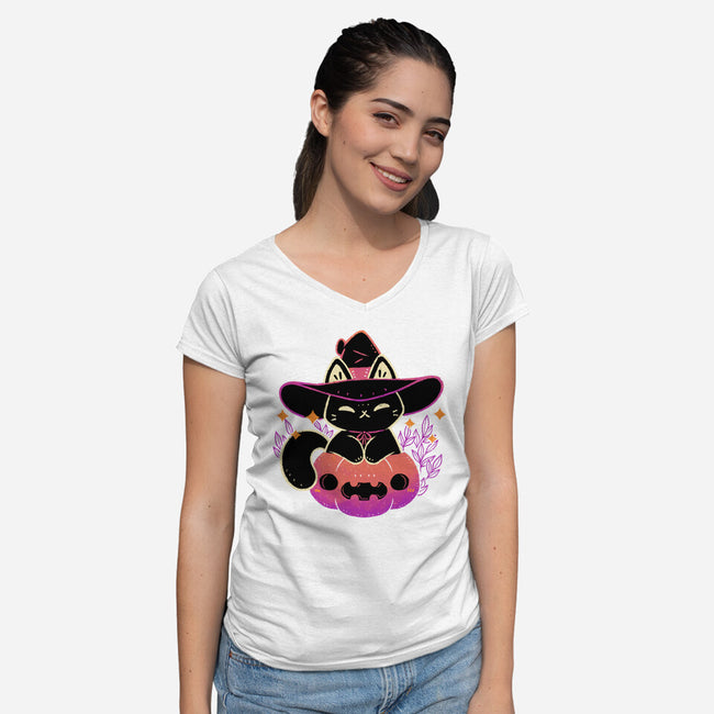 Cute Halloween Cat On Pumpkin-Womens-V-Neck-Tee-xMorfina