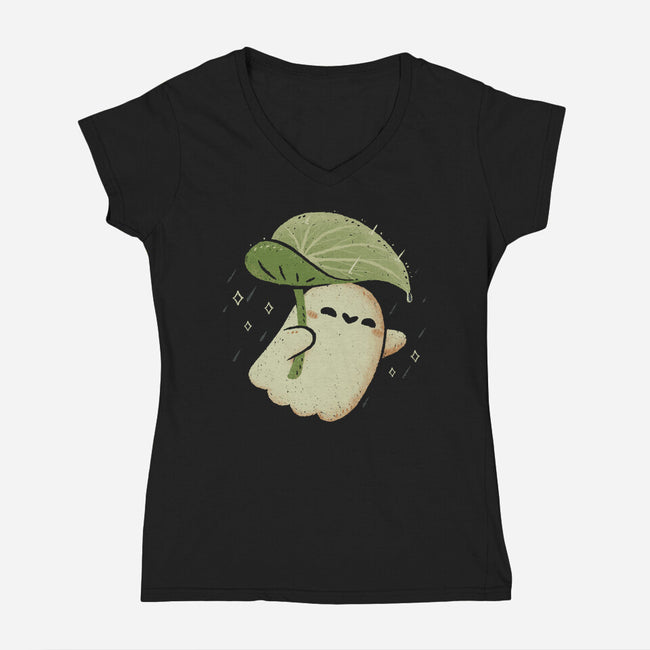 Cute Ghost With Leaf Umbrella-Womens-V-Neck-Tee-xMorfina