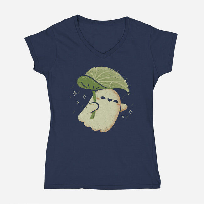 Cute Ghost With Leaf Umbrella-Womens-V-Neck-Tee-xMorfina