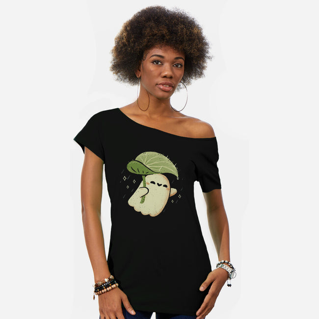 Cute Ghost With Leaf Umbrella-Womens-Off Shoulder-Tee-xMorfina