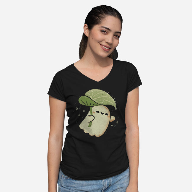 Cute Ghost With Leaf Umbrella-Womens-V-Neck-Tee-xMorfina