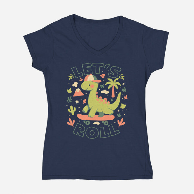 Lets Roll Dino-Womens-V-Neck-Tee-eduely