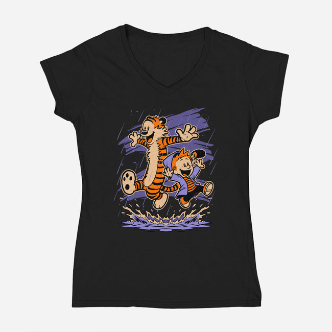 Rainy Day Tiger Boy-Womens-V-Neck-Tee-Studio Mootant