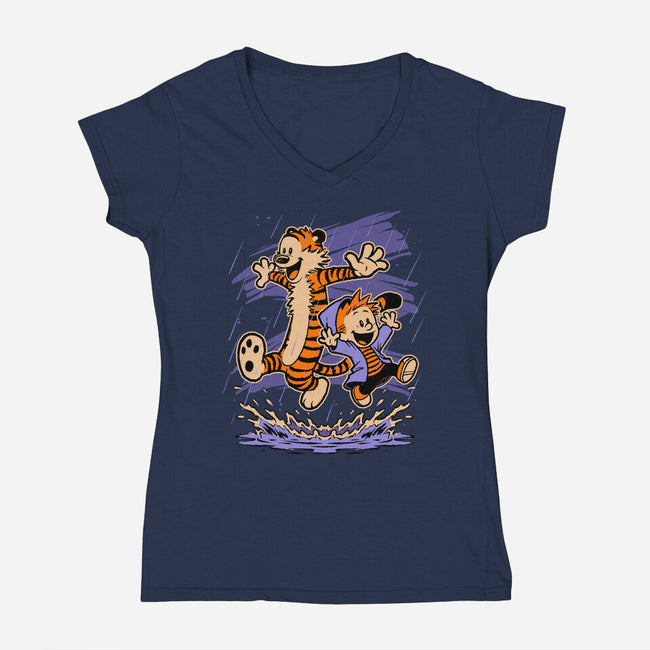 Rainy Day Tiger Boy-Womens-V-Neck-Tee-Studio Mootant
