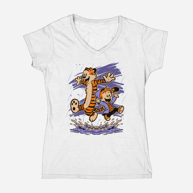 Rainy Day Tiger Boy-Womens-V-Neck-Tee-Studio Mootant