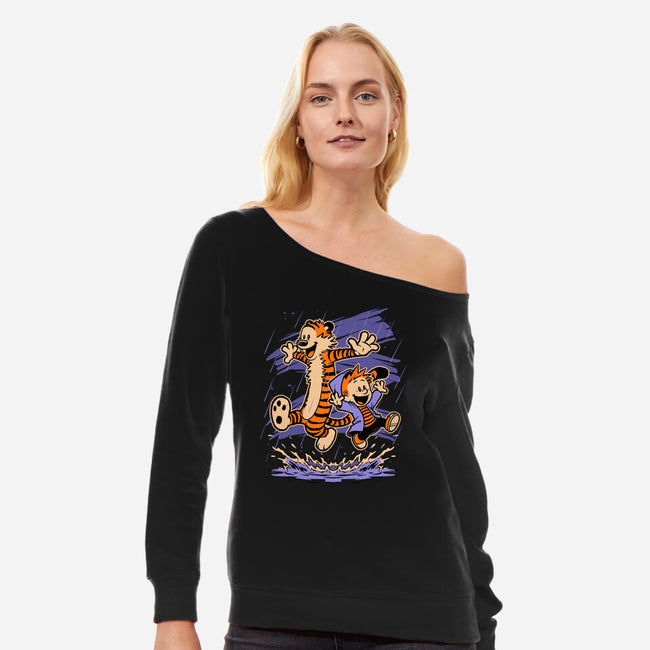Rainy Day Tiger Boy-Womens-Off Shoulder-Sweatshirt-Studio Mootant