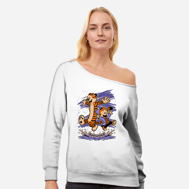 Rainy Day Tiger Boy-Womens-Off Shoulder-Sweatshirt-Studio Mootant