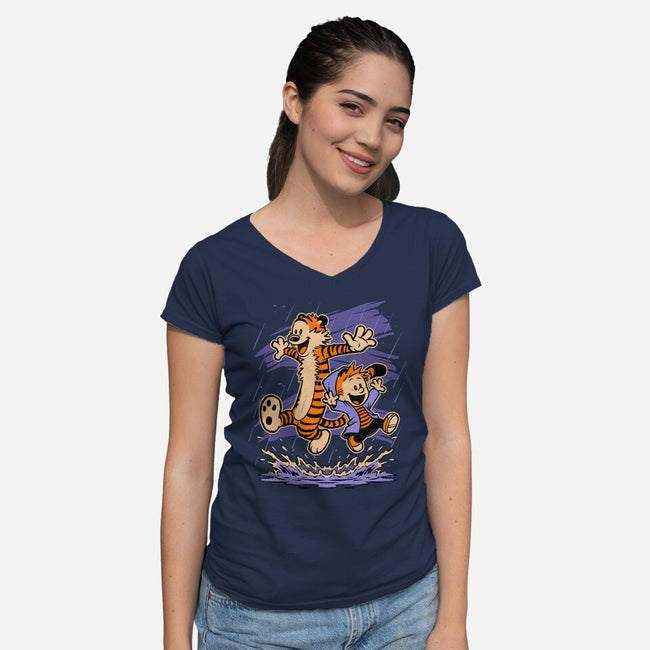 Rainy Day Tiger Boy-Womens-V-Neck-Tee-Studio Mootant