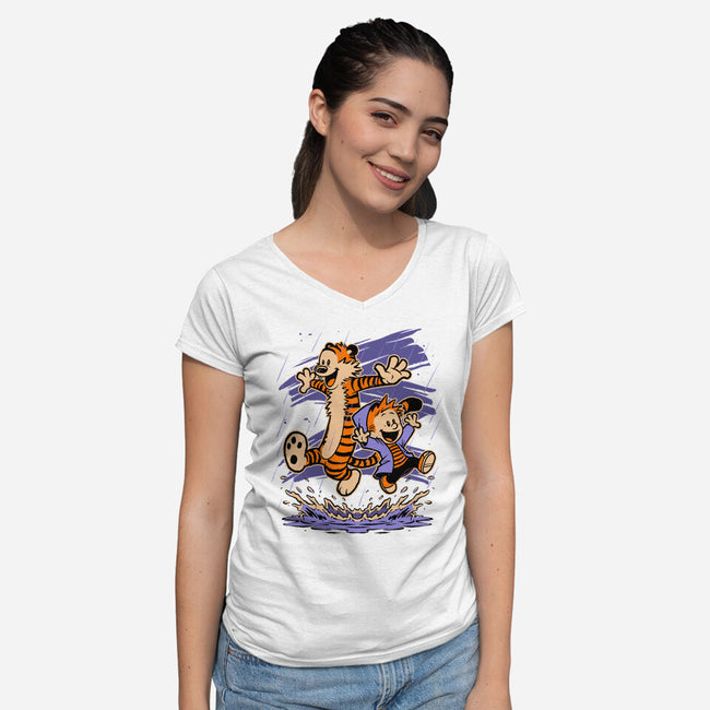 Rainy Day Tiger Boy-Womens-V-Neck-Tee-Studio Mootant
