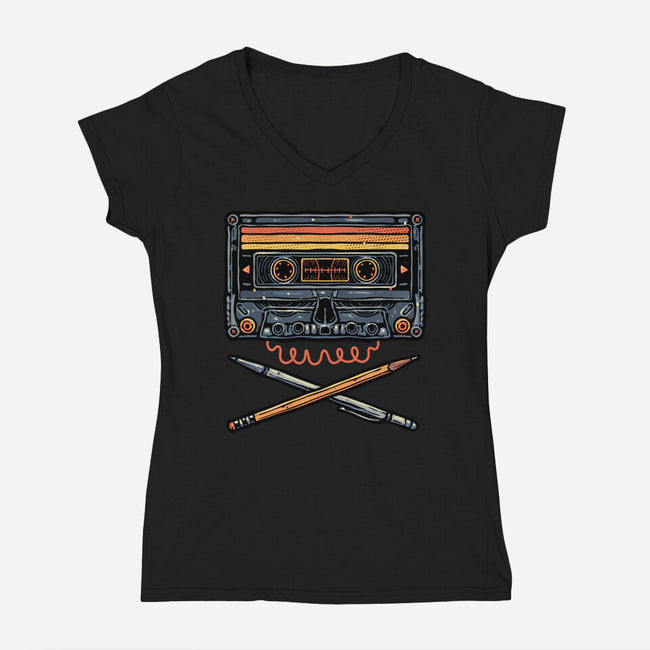 Crossbone Cassette-Womens-V-Neck-Tee-glitchygorilla