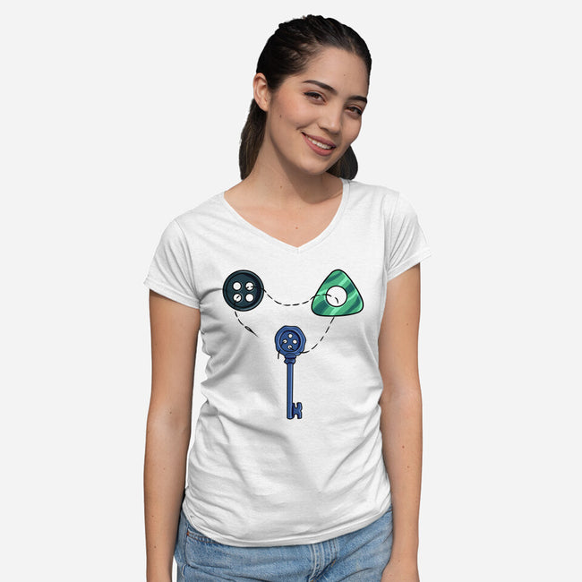 Button Puzzle-Womens-V-Neck-Tee-nickzzarto