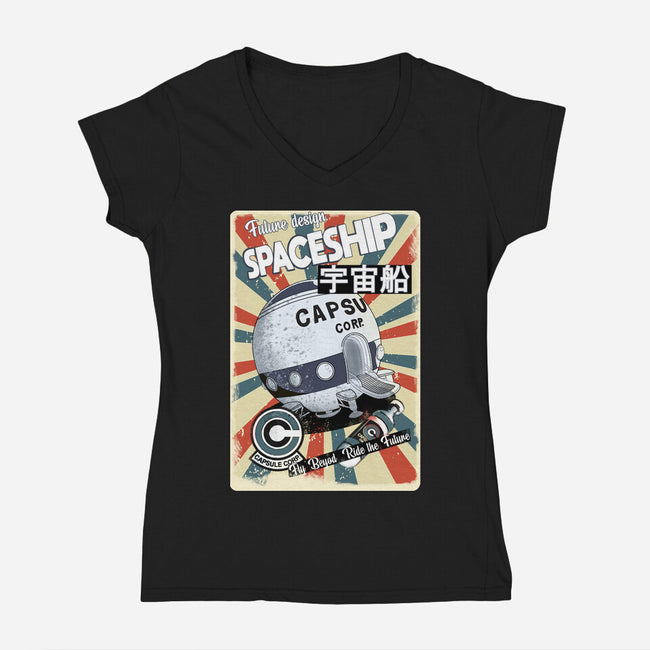 Retro Spaceship-Womens-V-Neck-Tee-fanfabio