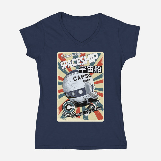 Retro Spaceship-Womens-V-Neck-Tee-fanfabio