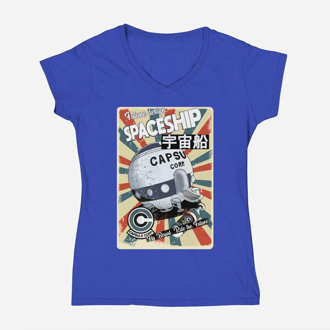 Retro Spaceship-Womens-V-Neck-Tee-fanfabio