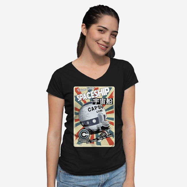 Retro Spaceship-Womens-V-Neck-Tee-fanfabio