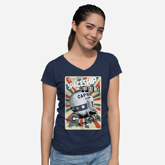 Retro Spaceship-Womens-V-Neck-Tee-fanfabio