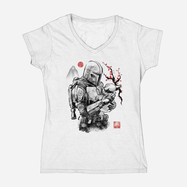 Hunter And Alien Baby Sumi-e-Womens-V-Neck-Tee-Astrobot Invention