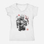 Hunter And Alien Baby Sumi-e-Womens-V-Neck-Tee-Astrobot Invention