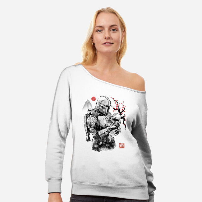 Hunter And Alien Baby Sumi-e-Womens-Off Shoulder-Sweatshirt-Astrobot Invention