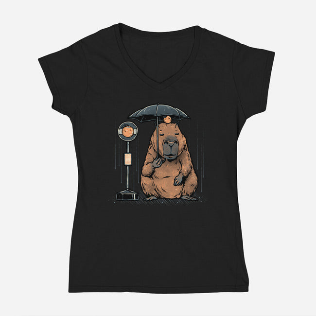 Capybara Bus Stop-Womens-V-Neck-Tee-glitchygorilla