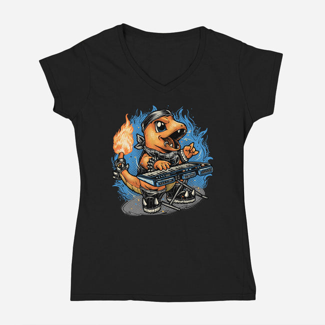Flaming Rocker-Womens-V-Neck-Tee-glitchygorilla
