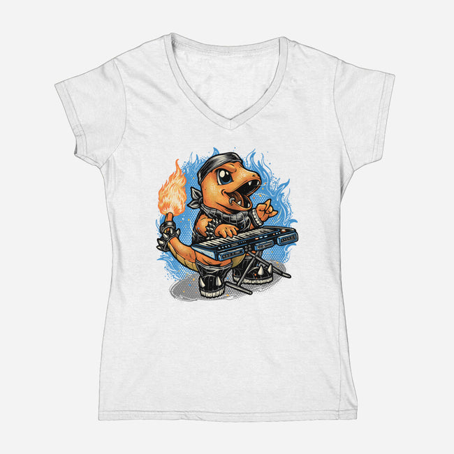Flaming Rocker-Womens-V-Neck-Tee-glitchygorilla