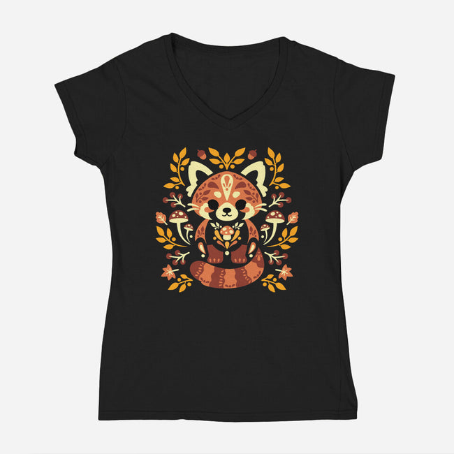 Folk Red Panda Autumn-Womens-V-Neck-Tee-NemiMakeit
