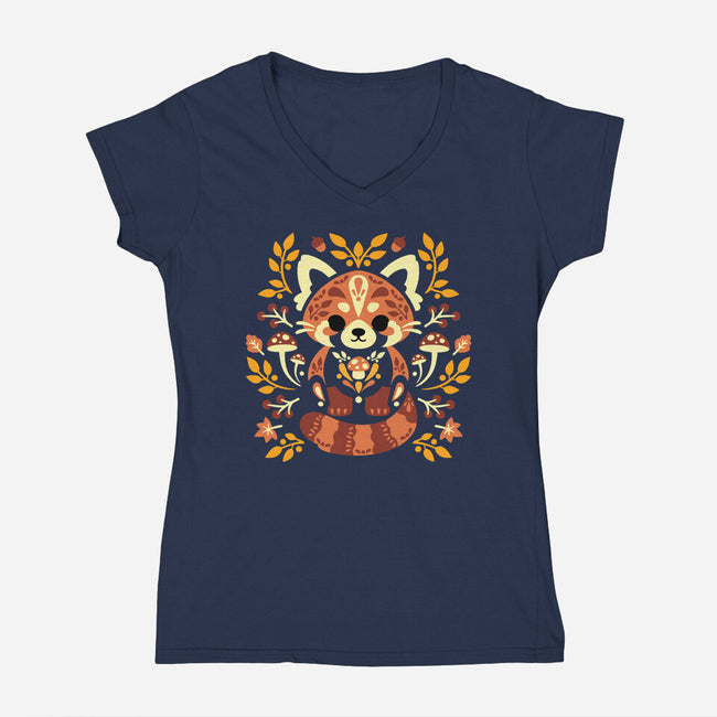 Folk Red Panda Autumn-Womens-V-Neck-Tee-NemiMakeit