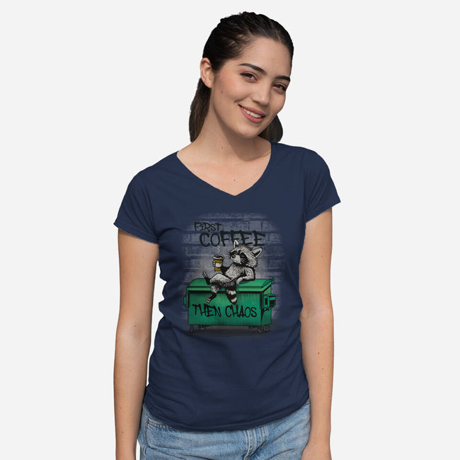 First Coffee Then Chaos-Womens-V-Neck-Tee-dandingeroz