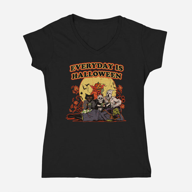 Everyday Is Halloween-Womens-V-Neck-Tee-Green Devil