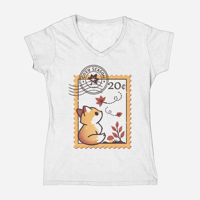 Autumn Fox Postage Stamp-Womens-V-Neck-Tee-NemiMakeit