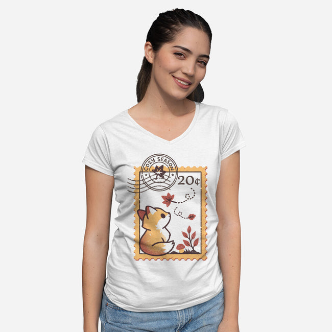 Autumn Fox Postage Stamp-Womens-V-Neck-Tee-NemiMakeit