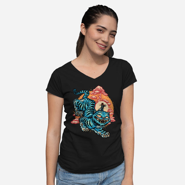The Glowing Tiger-Womens-V-Neck-Tee-glitchygorilla