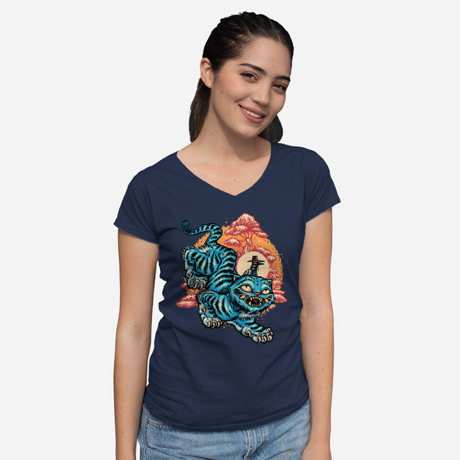 The Glowing Tiger-Womens-V-Neck-Tee-glitchygorilla