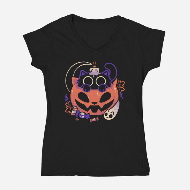 Trick Or Meow-Womens-V-Neck-Tee-eduely
