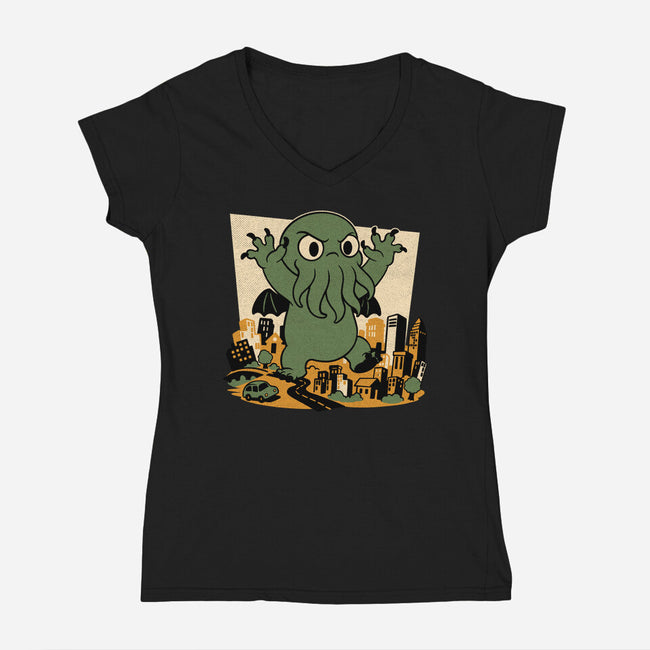 Cthulhu City Destruction-Womens-V-Neck-Tee-Studio Mootant