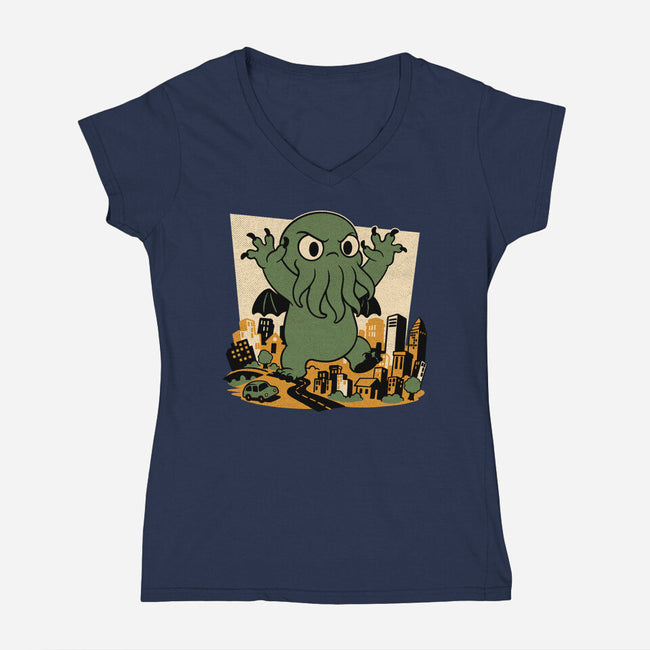 Cthulhu City Destruction-Womens-V-Neck-Tee-Studio Mootant