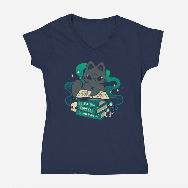 Magical Cat With Spellbook-Womens-V-Neck-Tee-xMorfina