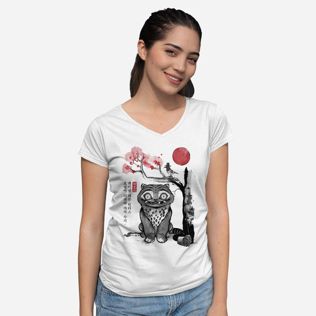 The Tiger And The Magpie Sumi-e-Womens-V-Neck-Tee-DrMonekers