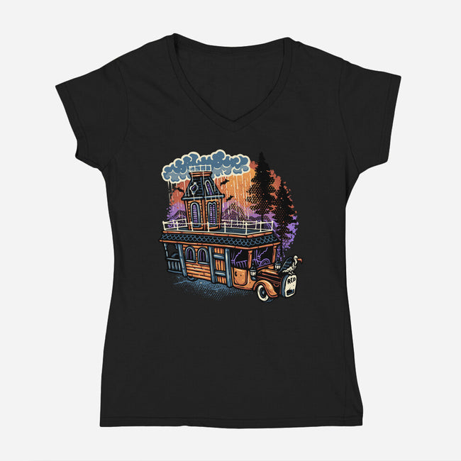 Gloomy Roadtrip-Womens-V-Neck-Tee-glitchygorilla