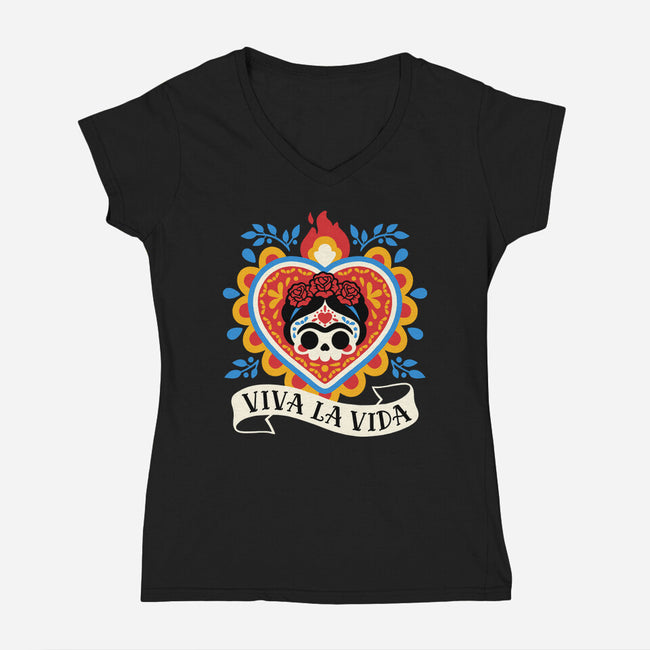 Calavera Frida Sagrado Corazon-Womens-V-Neck-Tee-NemiMakeit