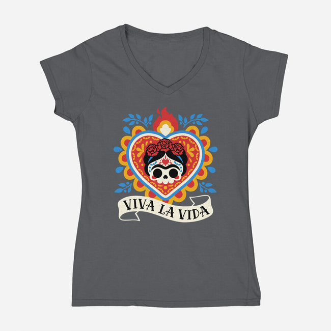 Calavera Frida Sagrado Corazon-Womens-V-Neck-Tee-NemiMakeit